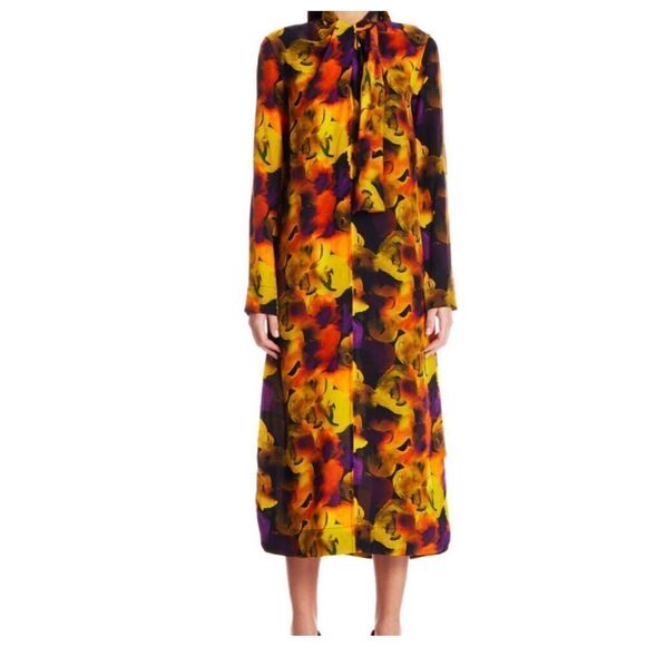 Ganni Silk Mix Multicolor Watercolor Print Midi Dress Women’s 38 US 6 - Picture 1 of 8